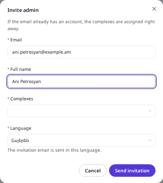 The Invite admin dialog, filled in