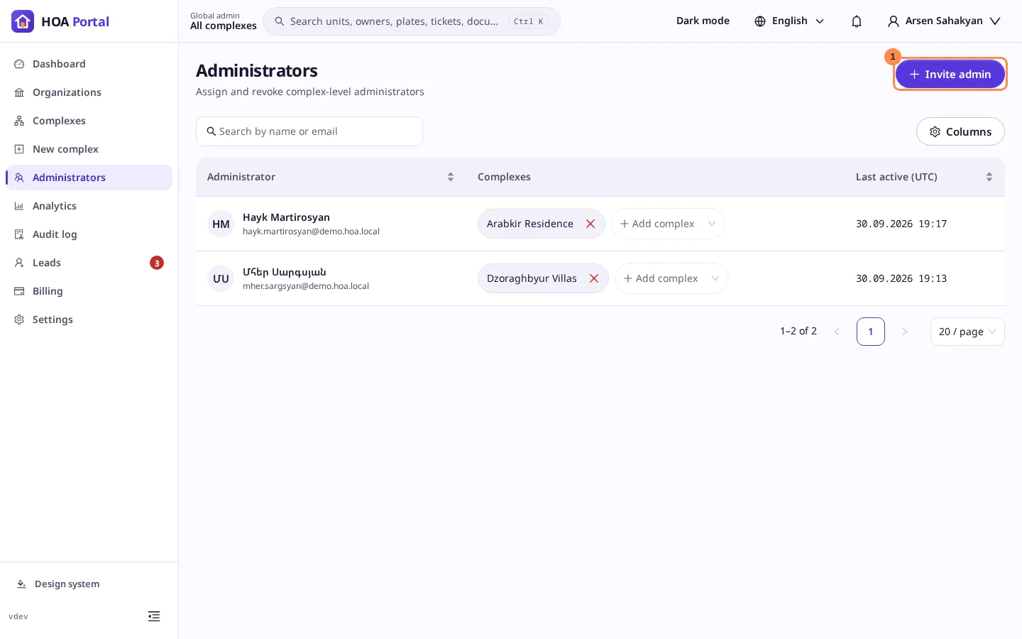The administrators list with Invite admin marked