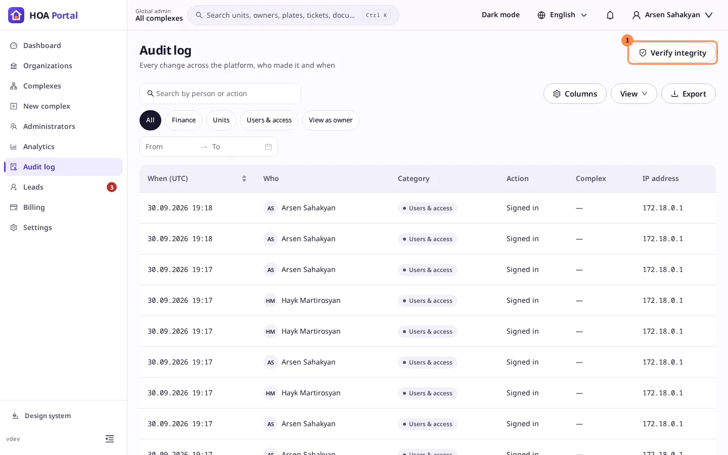 The audit log with Verify integrity marked