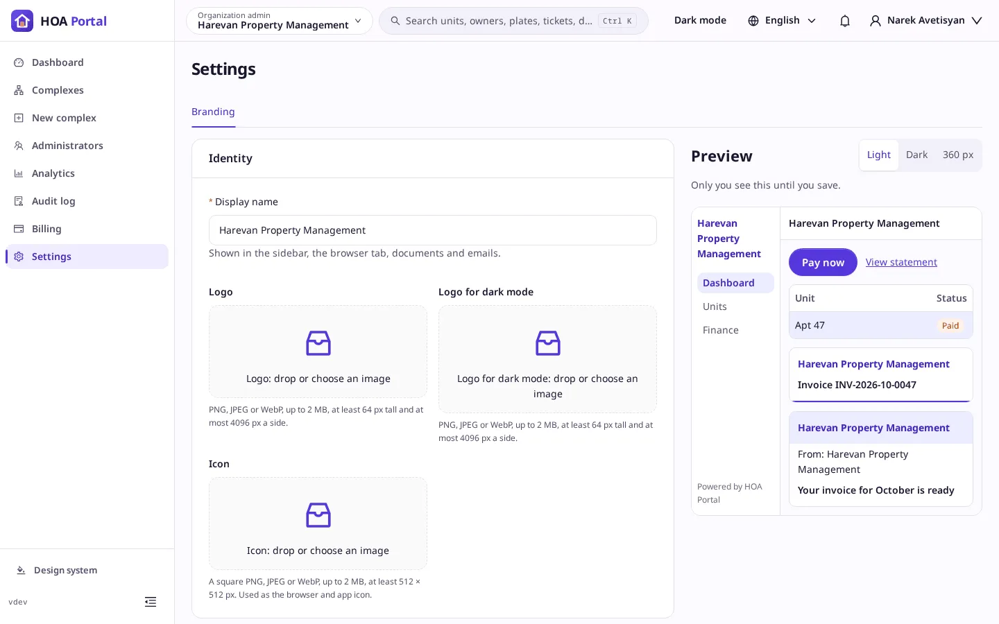 The Branding settings page with its live preview