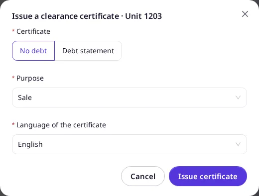 The Issue a clearance certificate dialog with the kind, purpose and language