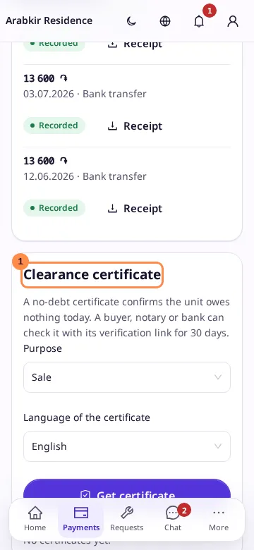 The Clearance certificate card on the Payments page
