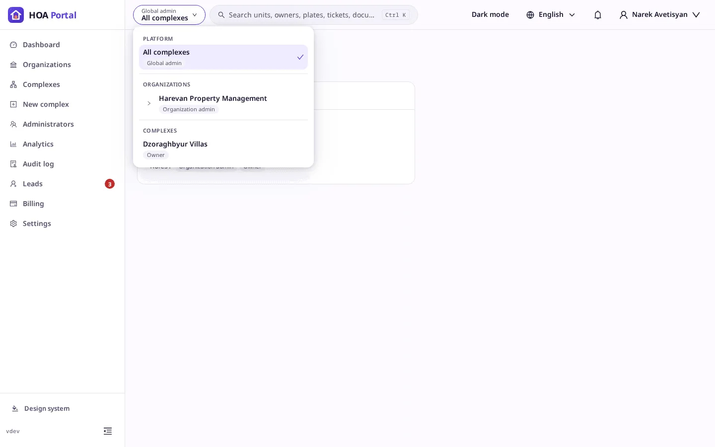 The context switcher open, listing a platform, an organization and a complex