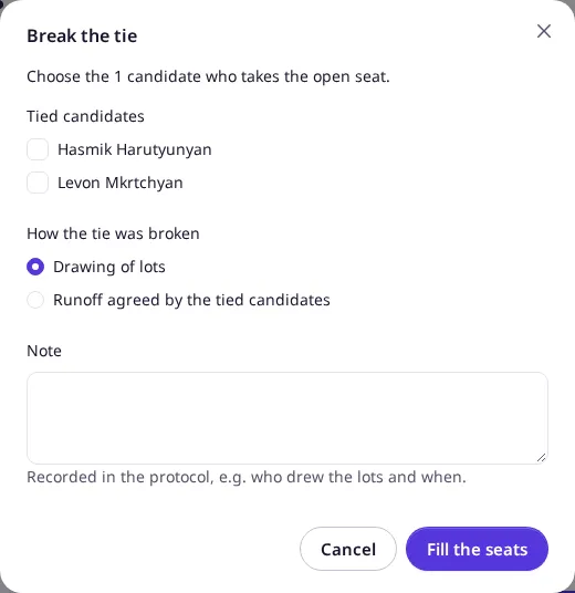 The Break the tie dialog with the tied candidates, the method and the note