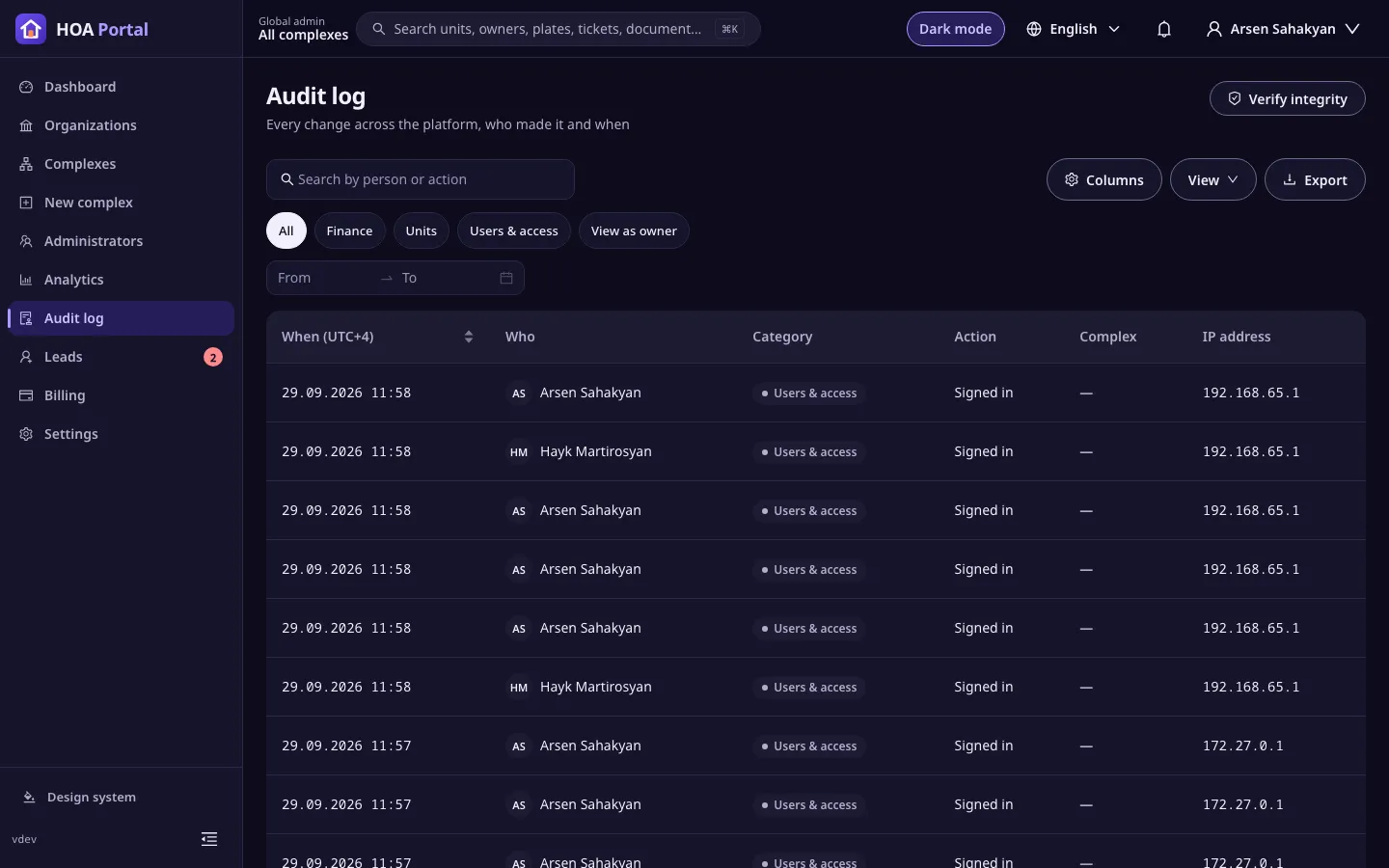 The audit log table with filters and the integrity check button