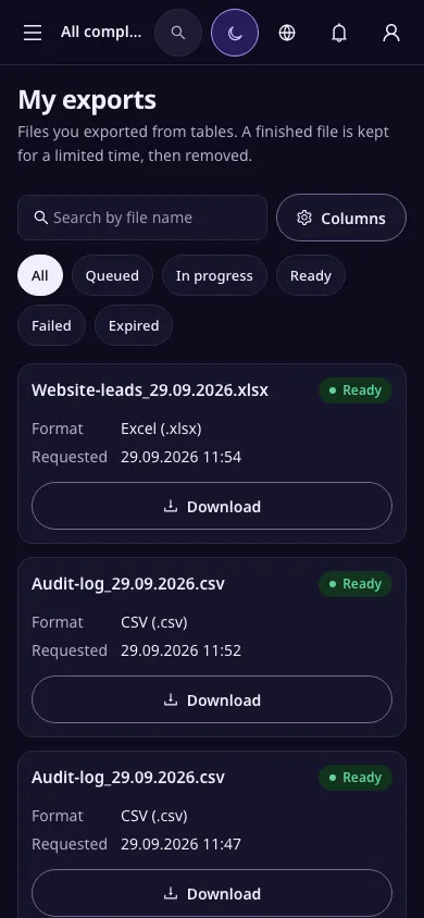 The list of the user’s exports on a phone, with their status and download buttons