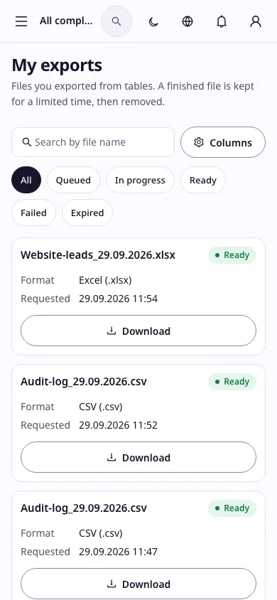The list of the user’s exports on a phone, with their status and download buttons