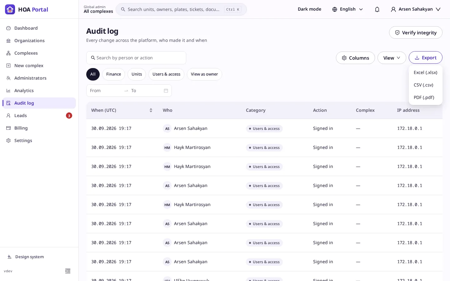 The Export menu of the audit log