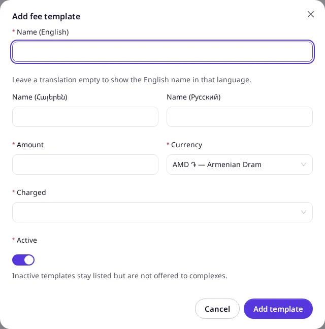 The Add fee template dialog