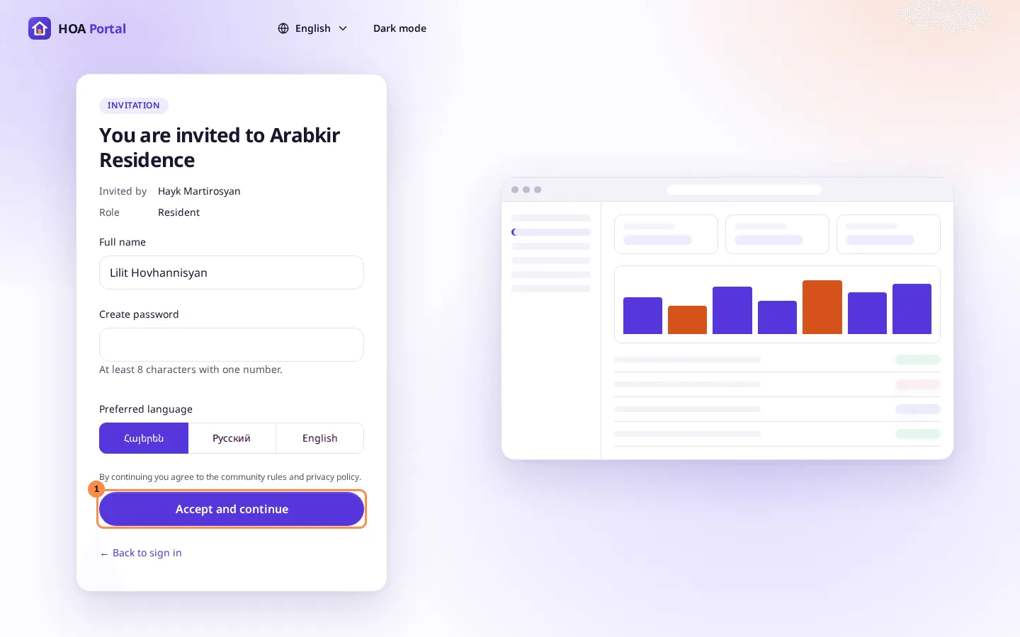 The invitation page for a new account, with Accept and continue marked