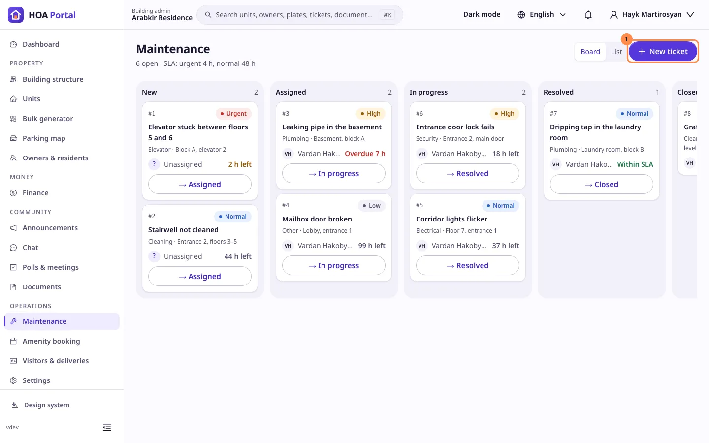 The Maintenance board of Arabkir Residence: five columns from New to Closed, each ticket with its priority, deadline and assignee