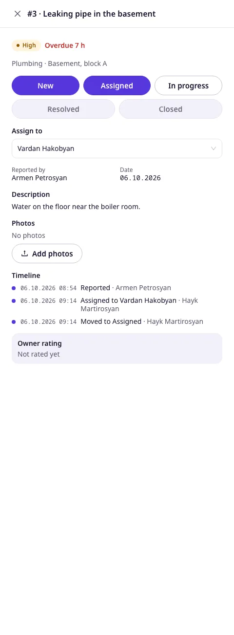 A ticket of Arabkir Residence: its status steps, Assign to, who reported it, photos and the timeline