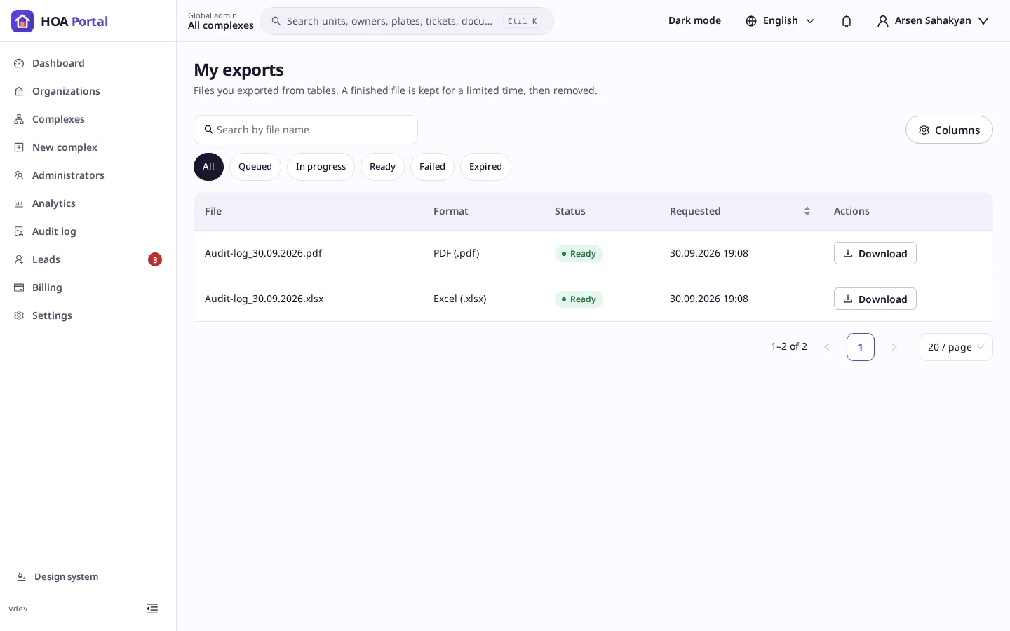 The My exports page