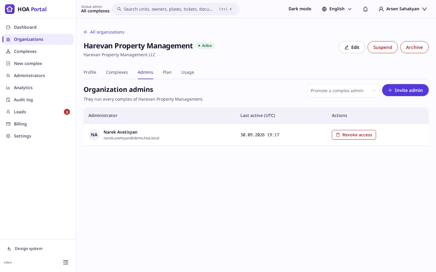 The organization’s Admins tab