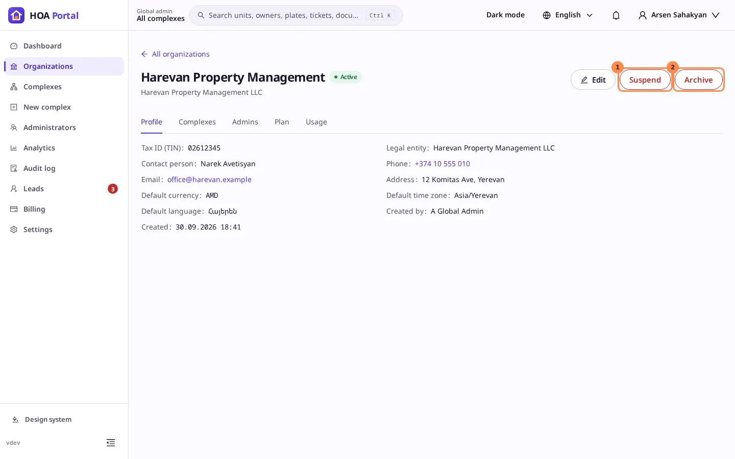 The organization’s page with Suspend and Archive marked