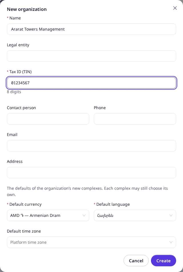 The New organization form, filled in