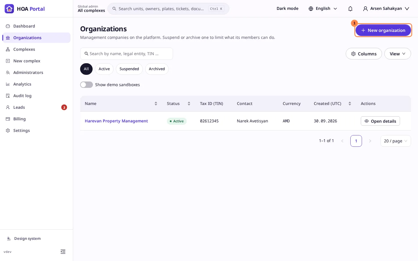 The organizations list with the New organization button marked