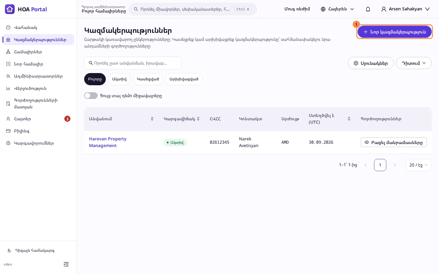 Կազմակերպությունների ցանկ՝ նշված Նոր կազմակերպություն կոճակով