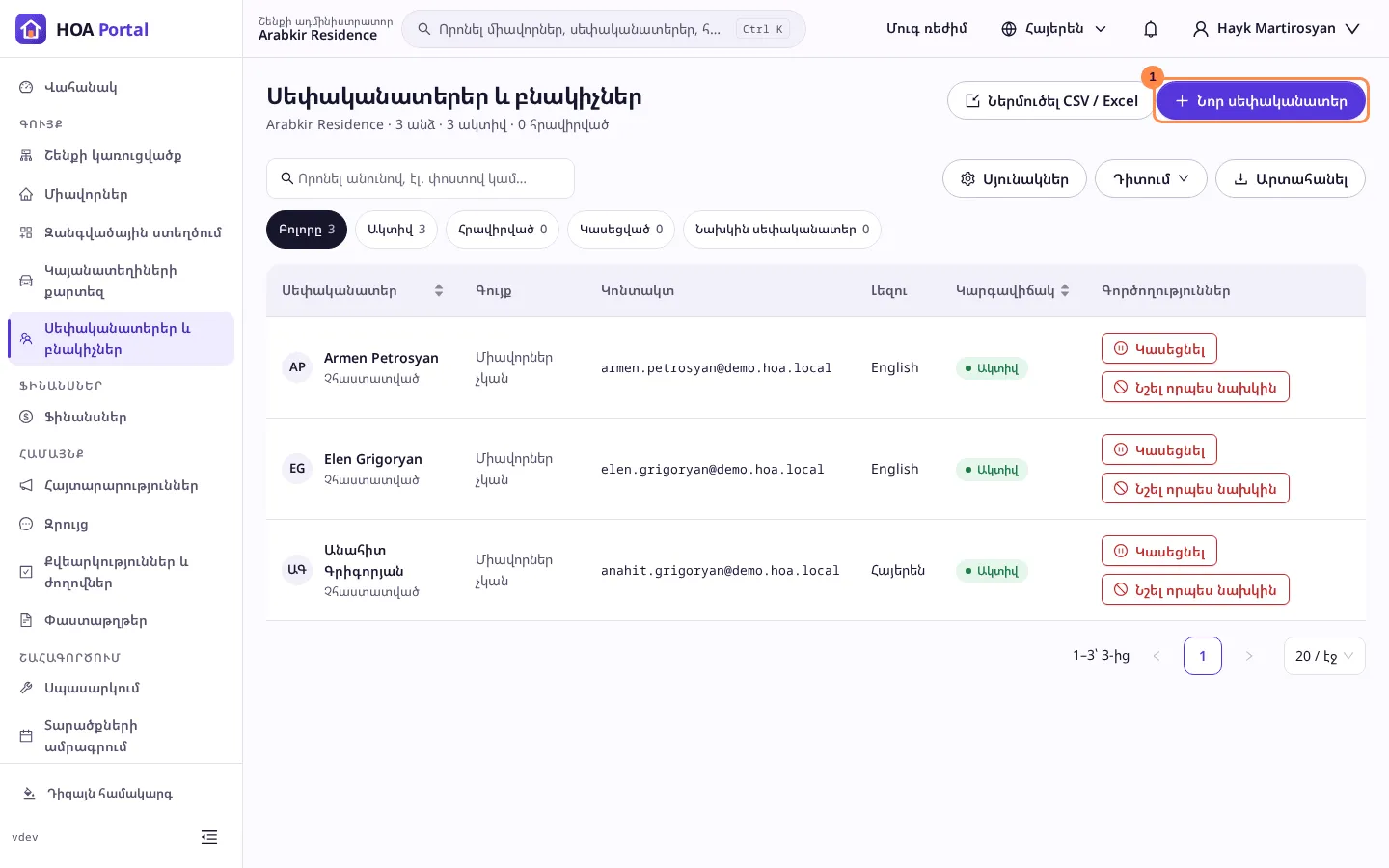 Սեփականատերերի և բնակիչների ցանկը