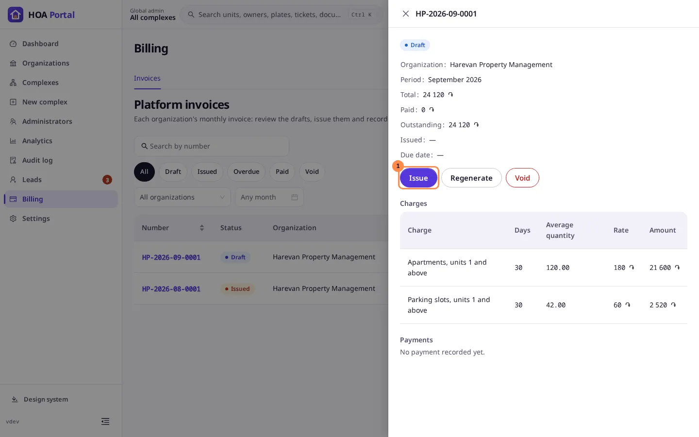 A draft invoice opened on the right, with its charges