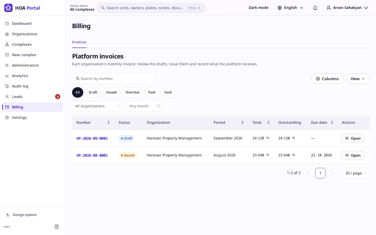 The platform invoices list