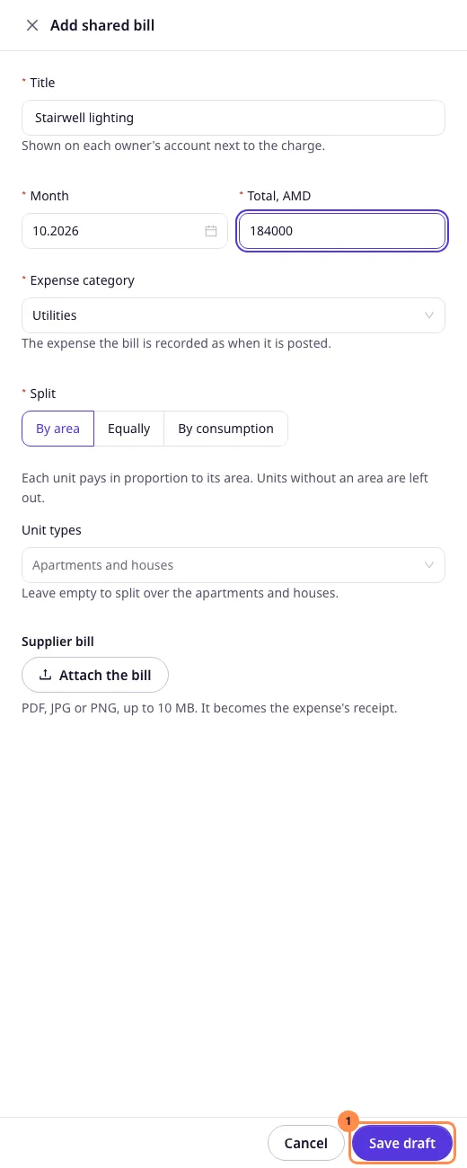 The shared bill form, filled in for a stairwell lighting bill