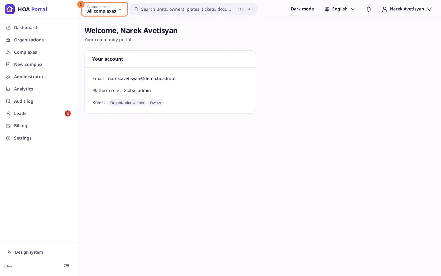 The home page with the context switcher marked