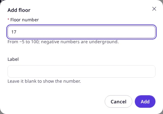 The Add floor dialog with the floor number filled in