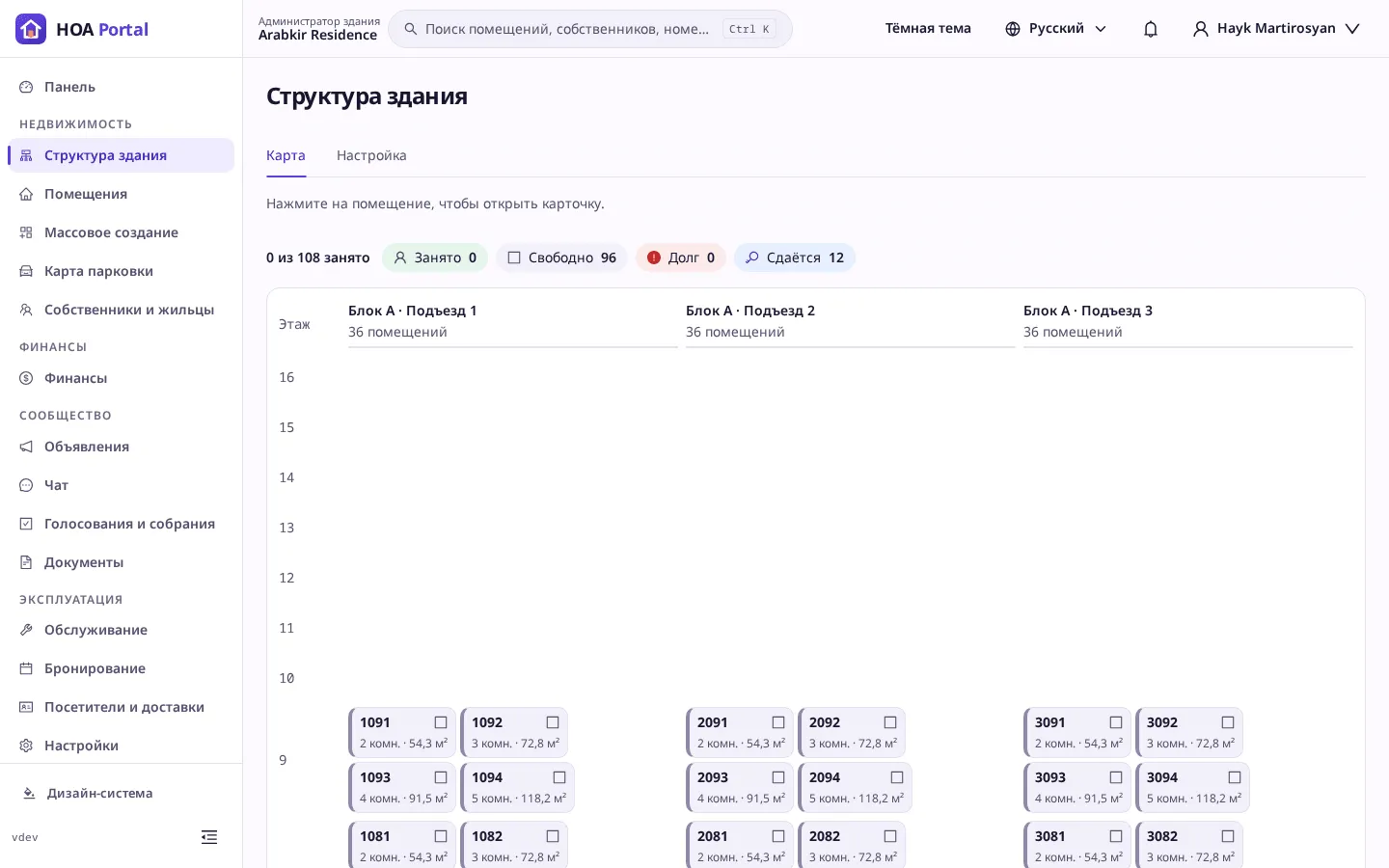 Шахматка здания с помещениями по подъездам и этажам