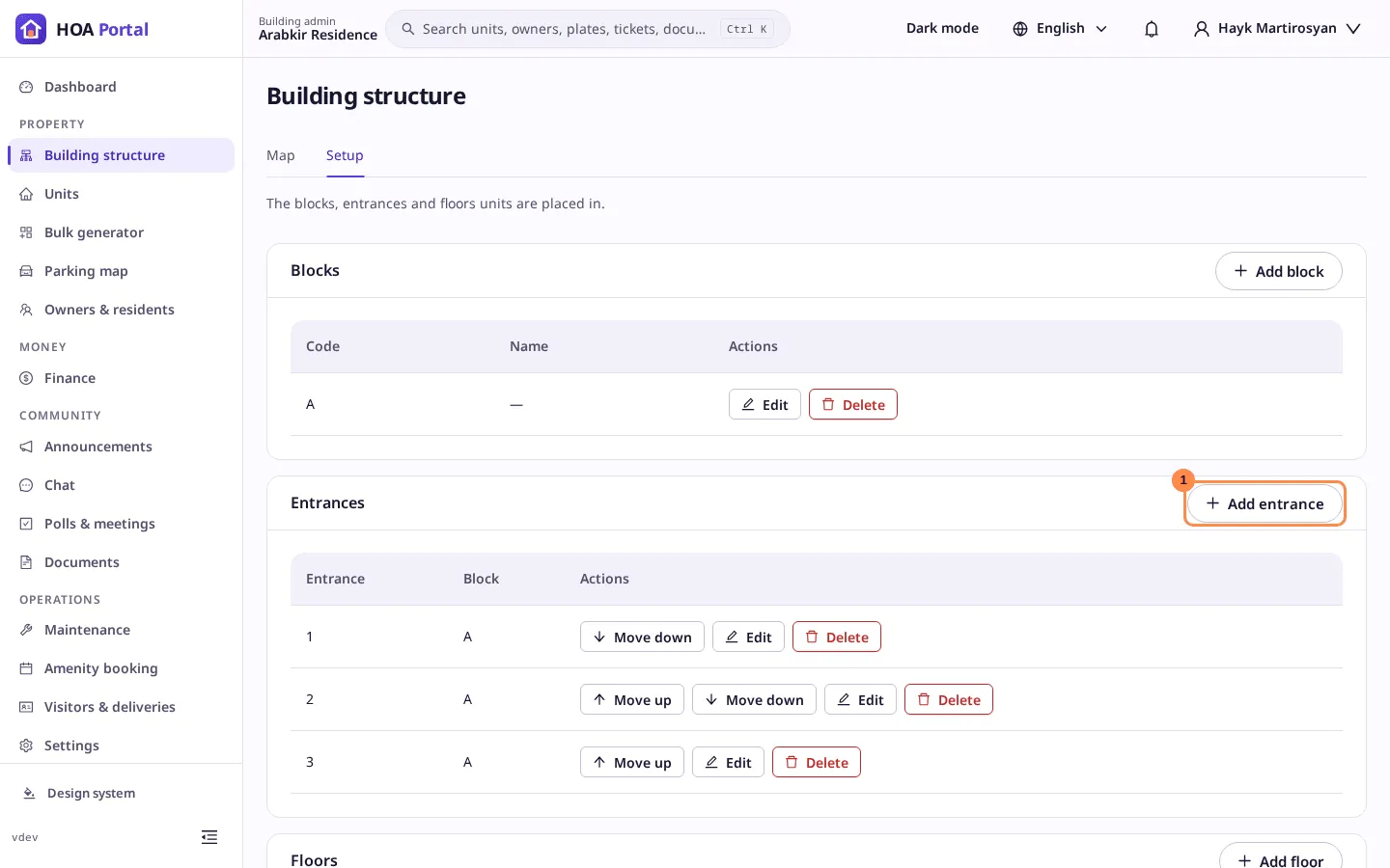 The structure setup page with Add entrance marked